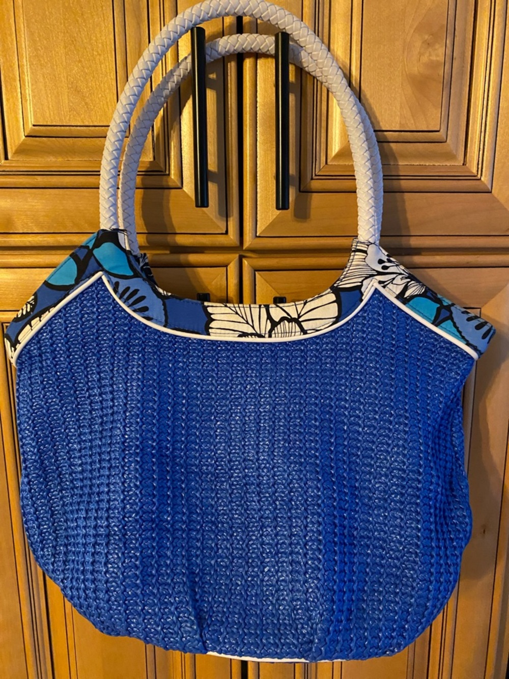 Vera Bradley Blue Woven Tote Bag with White Rope Handles